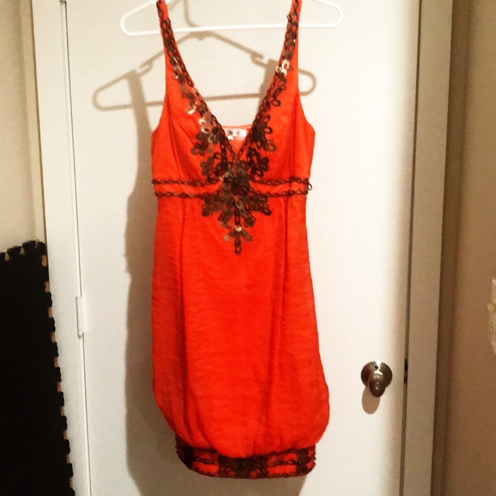 Sue Wong Coral / Orange with Metal Detail Dress